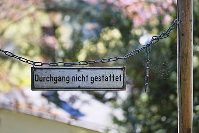 Close-up of information sign