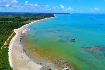 Aerial view of cumuruxatiba beach, bahia, brazil