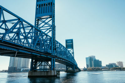 Main street bridge over river against clear sky in city