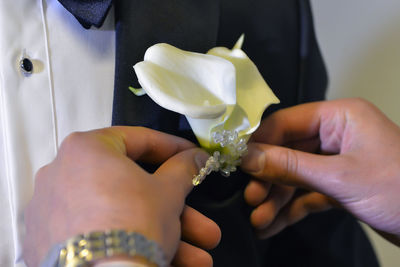 Close-up of hand holding flower bouquet
