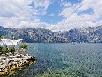 Scenic view of bay against sky