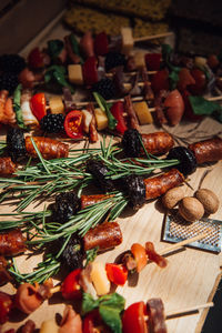 High angle view of chopped vegetables on cutting board