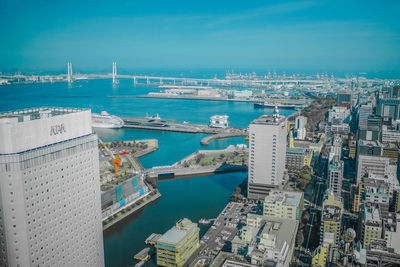 High angle view of city at waterfront