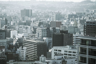 High angle view of modern buildings in city