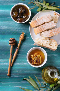 High angle view of meal served on table