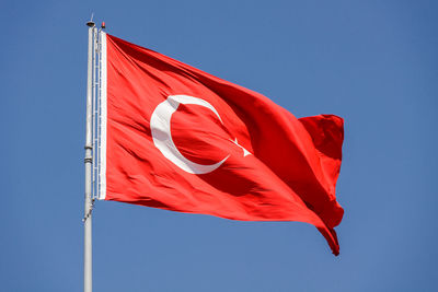 Low angle view of flag against clear blue sky