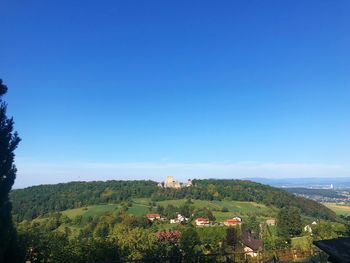 Scenic view of landscape against clear blue sky