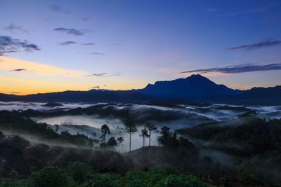 Scenic view of mountains against sky during sunset