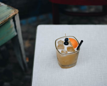 High angle view of drink on table