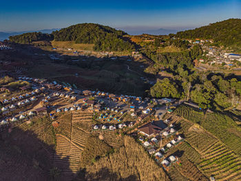 High angle view of buildings against sky