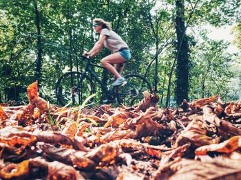 Surface level view of dried leaves against mature woman riding bicycle in forest