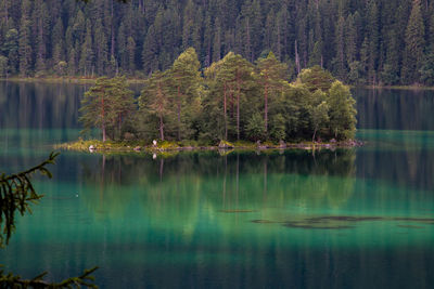 Scenic view of lake by trees against sky