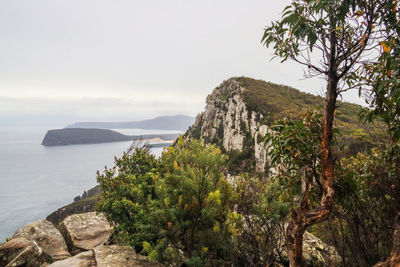 Scenic view of sea and mountains against sky