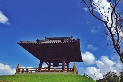 Low angle view of temple against blue sky