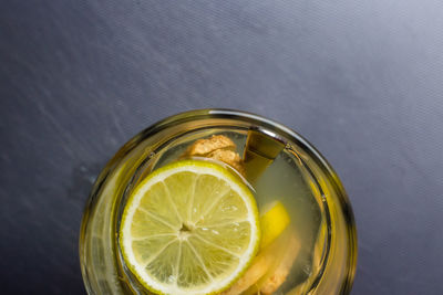 Directly above shot of lemon in glass