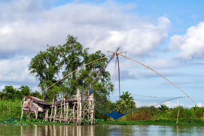 Thai style fishing trap in pak pra village of lake thale noi, phatthalung, thailand.