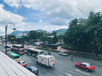 High angle view of cars on street in city