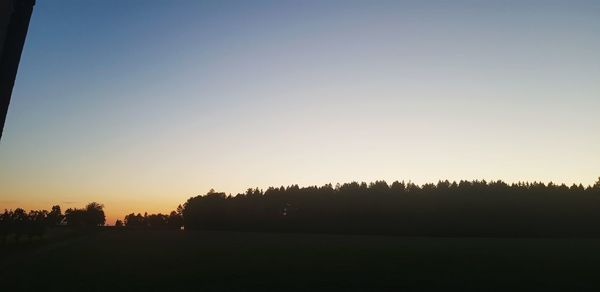 Silhouette trees on field against clear sky during sunset