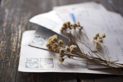 Close-up of dried flowers on mails at wooden table