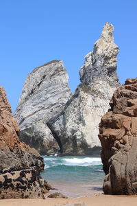 Low angle view of rock formations against clear blue sky