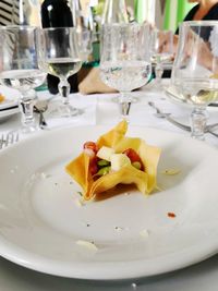 Close-up of food served on table