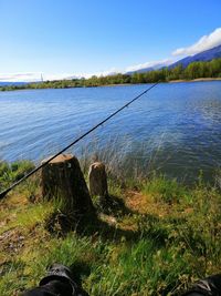 Scenic view of lake against blue sky