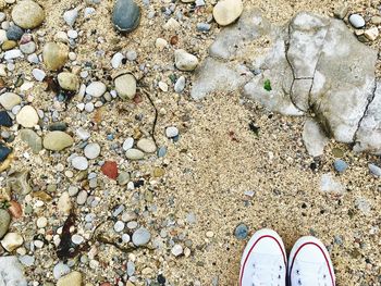 Low section of person standing on pebbles