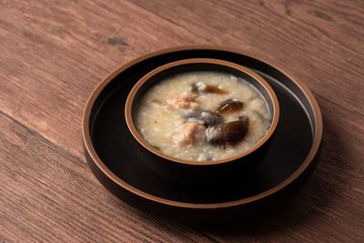 High angle view of soup in bowl on table