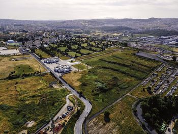 High angle view of cityscape against sky