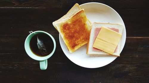 High angle view of breakfast served on table