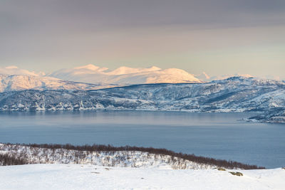 Scenic view of snow covered mountains against sky