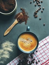 High angle view of coffee on table