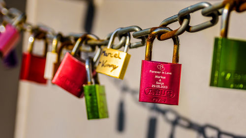 Close-up of padlocks hanging on railing
love locks at ship greeting station welcome point, hoeft