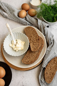 High angle view of breakfast on table