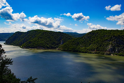 Scenic view of lake by trees against sky