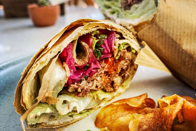 Close-up of food served on table