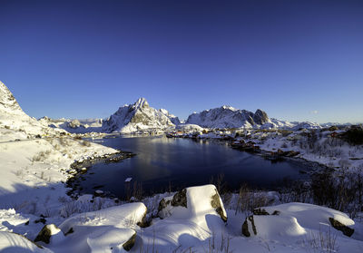 Scenic view of snowcapped mountains against clear sky