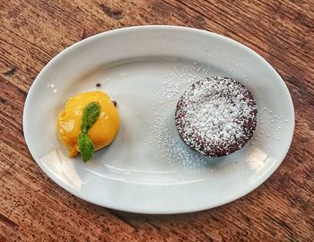 High angle view of dessert in plate on table