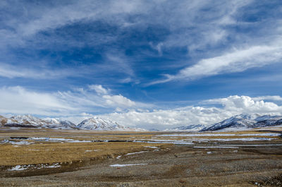 Scenic view of snowcapped mountains against sky