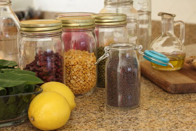 Close-up of drink in jar on table