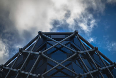 Low angle view of modern building against cloudy sky