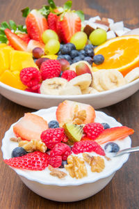 Close-up of strawberries in plate on table