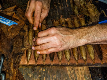 Cropped hands making cigar