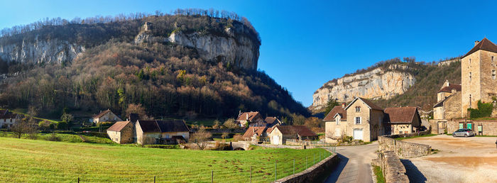 Panoramic view of old ruins against clear sky