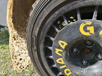 Close-up of tire track on field