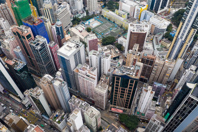 High angle view of modern buildings in city