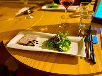 High angle view of food served on table