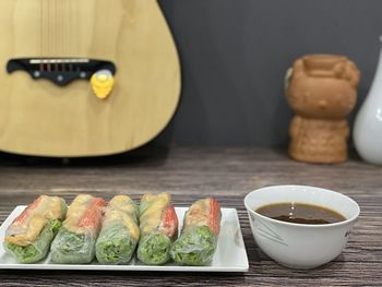 Close-up of food served on table