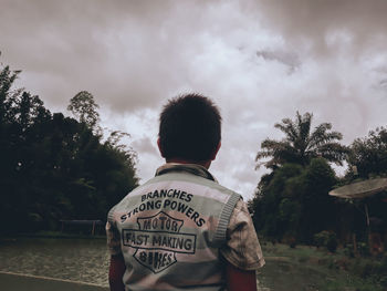 Rear view of man standing by palm trees against sky