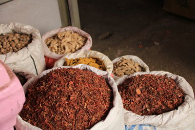 High angle view of spices for sale in market